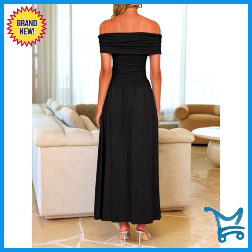 Off Shoulder Maxi Dress Sleeveless Slim Swing Pleated Formal Party Chic - Picture 3 of 7